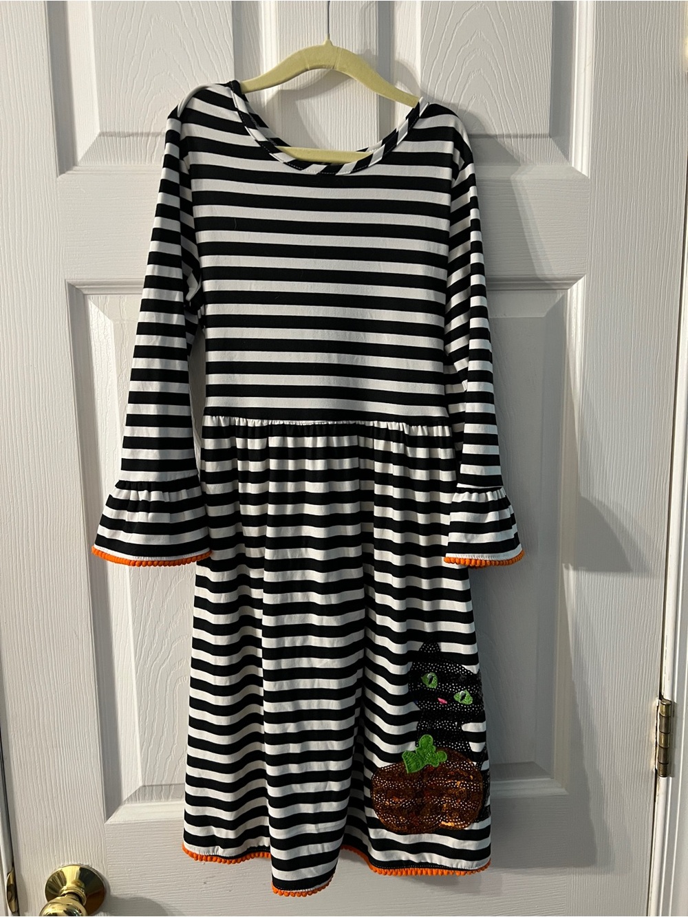 Rare Editions Girls Size 14 Halloween Striped Dress Sequin Cat Pumpkin EUC
